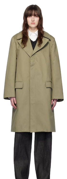 A woman wearing Elleme khaki button coat