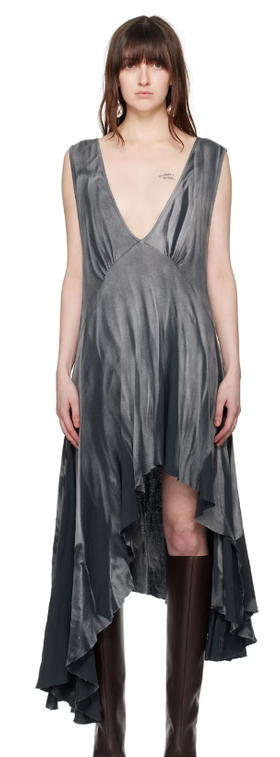 A woman wearing Edward Cuming gray plunging v-neck midi dress