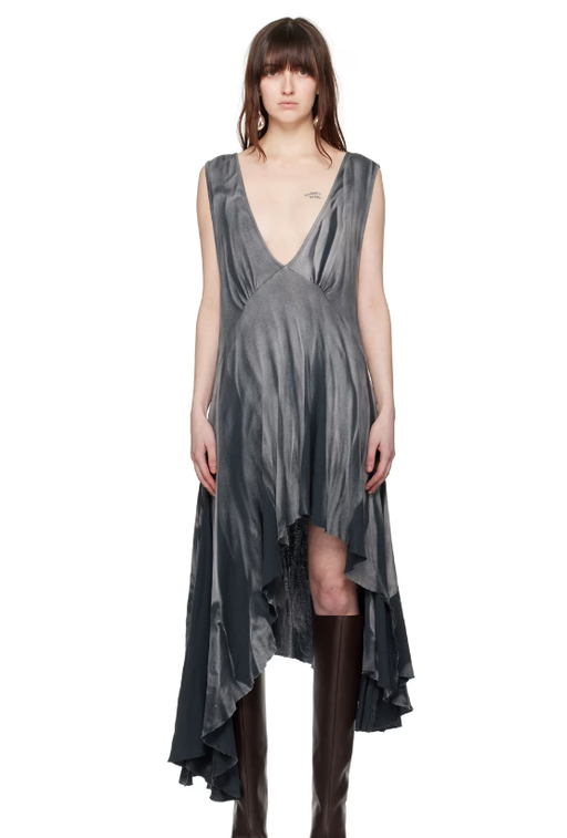 A woman wearing Edward Cuming gray plunging v-neck midi dress