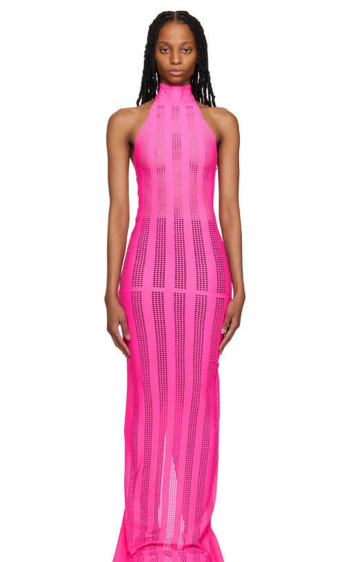 A woman wearing Fal-ash pink lasercut maxi dress