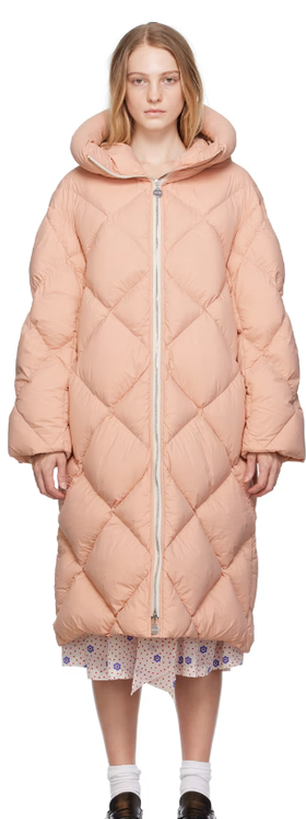 A woman wearing Ienki Ienki  pink rowena down coat