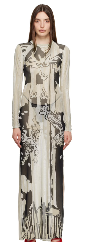 A woman wearing Feben beige & black tower maxi dress