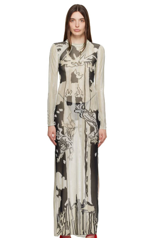 A woman wearing Feben beige & black tower maxi dress