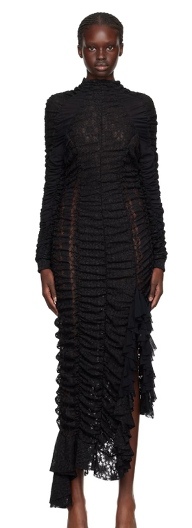 A woman wearing Ester Manas black ruched midi dress