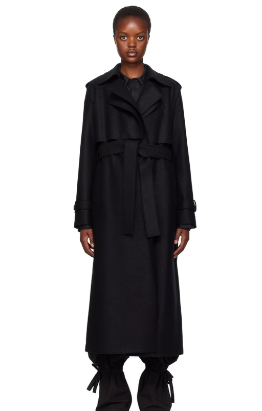 A woman wearing Harris Wharf London black long trench coat
