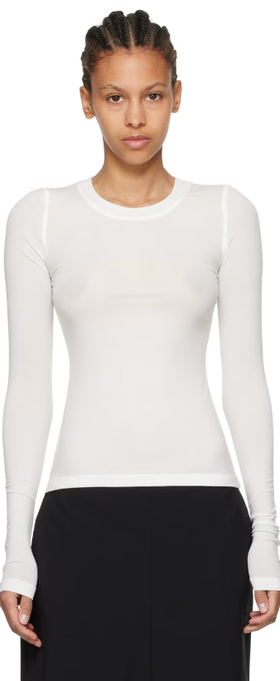 A woman wearing Fax Copy Express white 'the round neck' long sleeve t-shirt