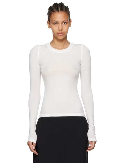 A woman wearing Fax Copy Express white 'the round neck' long sleeve t-shirt