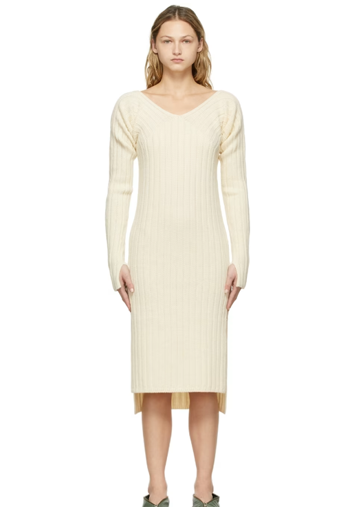A woman wearing DETERM; off-white collagen sleeve knit dress