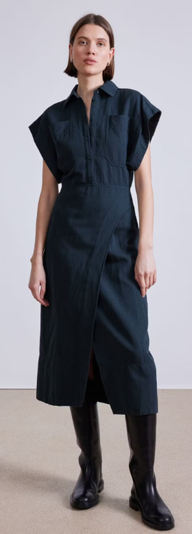 A woman wearing Apiece Apart yelena wrap dress