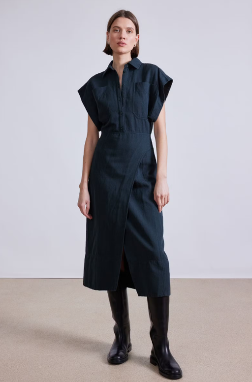 A woman wearing Apiece Apart yelena wrap dress