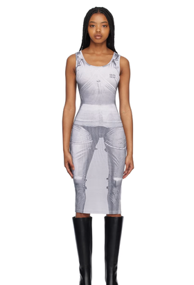 A woman wearing BONBOM gray 14-1 midi dress
