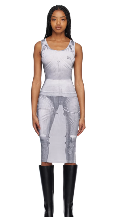 A woman wearing BONBOM gray 14-1 midi dress