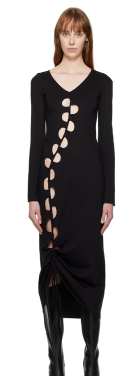 A woman wearing AVAVAV black cutout maxi dress