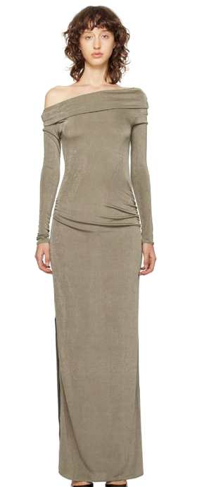 A woman wearing ANNA OCTOBER gray teresa maxi dress