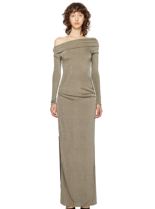 A woman wearing ANNA OCTOBER gray teresa maxi dress