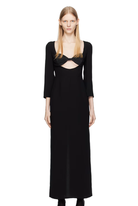 A woman wearing BEVZA black seashell bra maxi dress