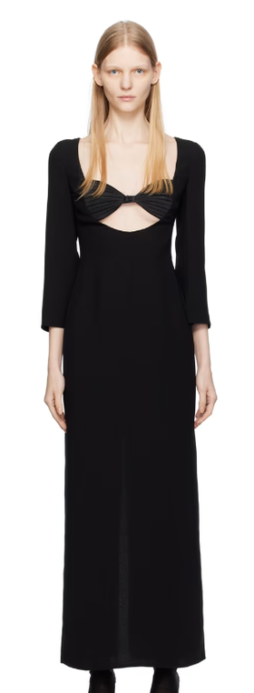 A woman wearing BEVZA black seashell bra maxi dress