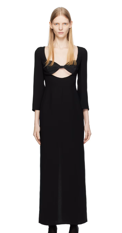 A woman wearing BEVZA black seashell bra maxi dress