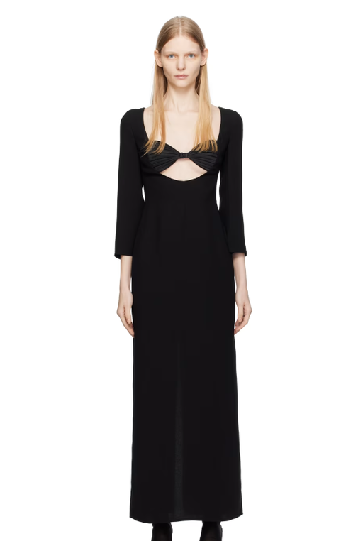 A woman wearing BEVZA black seashell bra maxi dress