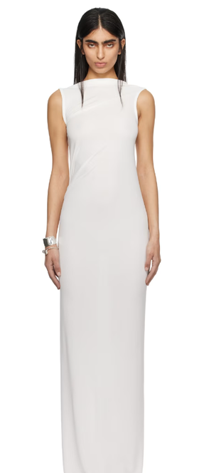 A woman wearing AARON ESH white gathered maxi dress