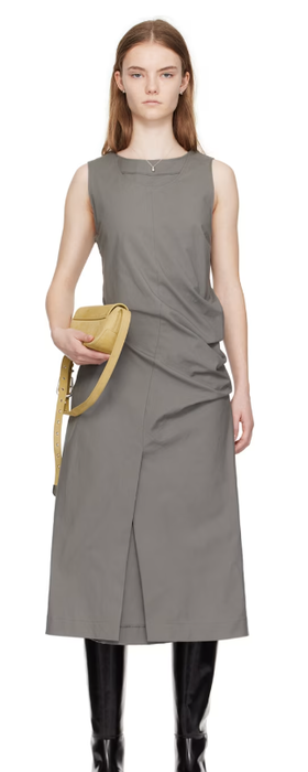 A woman wearing COMMISSION gray double crewneck midi dress