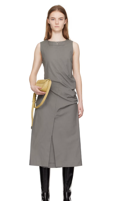 A woman wearing COMMISSION gray double crewneck midi dress
