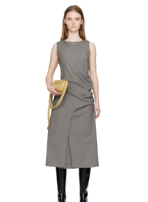A woman wearing COMMISSION gray double crewneck midi dress