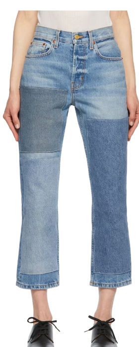 A woman wearing B Sides blue marcel relaxed straight patchwork no. 3 jeans
