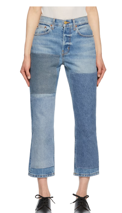 A woman wearing B Sides blue marcel relaxed straight patchwork no. 3 jeans