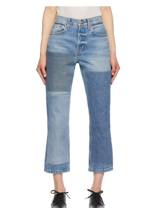 A woman wearing B Sides blue marcel relaxed straight patchwork no. 3 jeans