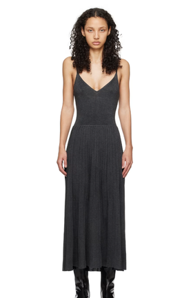 A woman wearing ARCH4 gray princess maxi dress