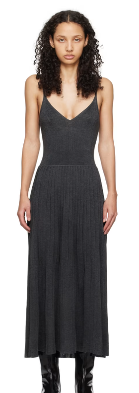 A woman wearing ARCH4 gray princess maxi dress
