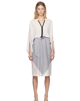 A woman wearing 132 5. ISSEY MIYAKE gray & off-white convex midi dress