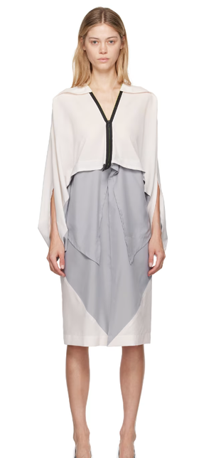 A woman wearing 132 5. ISSEY MIYAKE gray & off-white convex midi dress