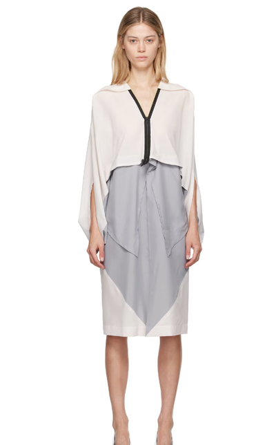A woman wearing 132 5. ISSEY MIYAKE gray & off-white convex midi dress