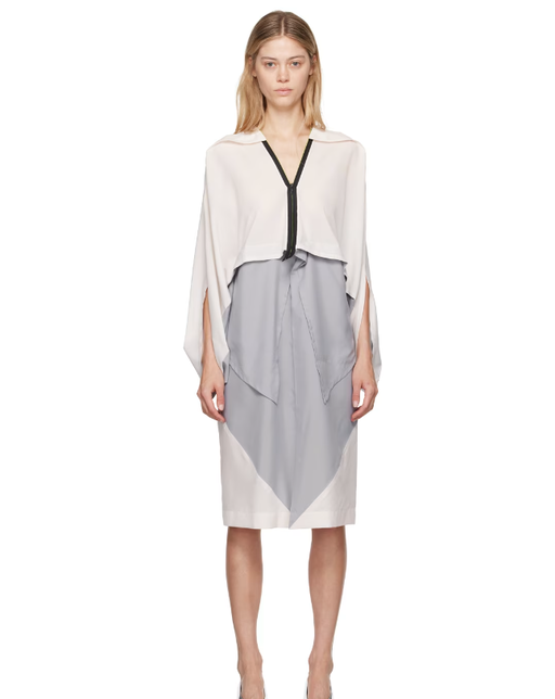 A woman wearing 132 5. ISSEY MIYAKE gray & off-white convex midi dress