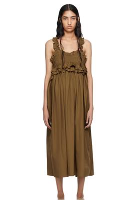 A woman wearing CECILIE BAHNSEN brown giovanna midi dress