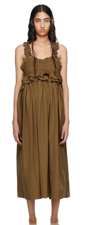 A woman wearing CECILIE BAHNSEN brown giovanna midi dress