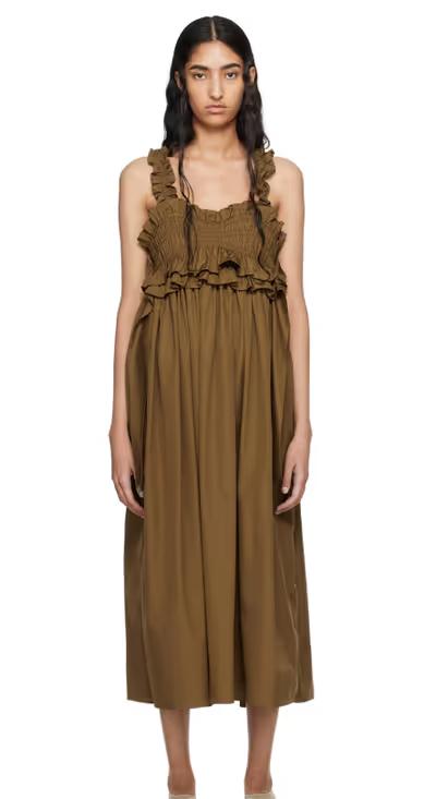 A woman wearing CECILIE BAHNSEN brown giovanna midi dress