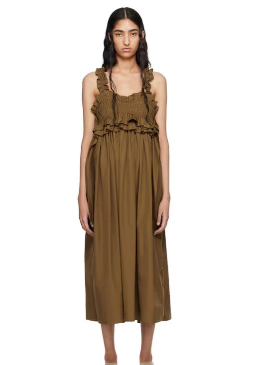 A woman wearing CECILIE BAHNSEN brown giovanna midi dress