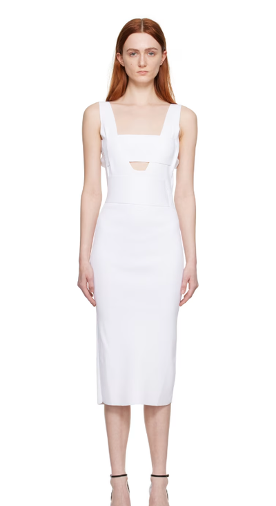 A woman wearing BOYAROVSKAYA white naif midi dress