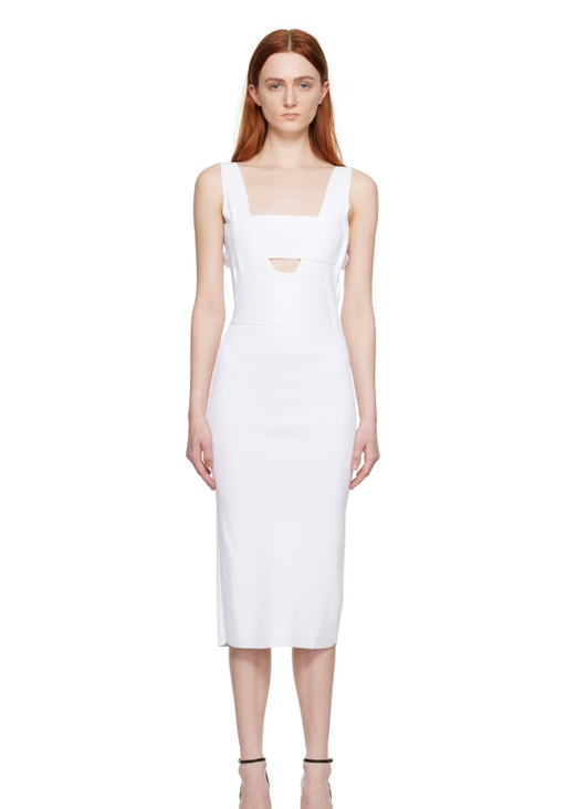 A woman wearing BOYAROVSKAYA white naif midi dress