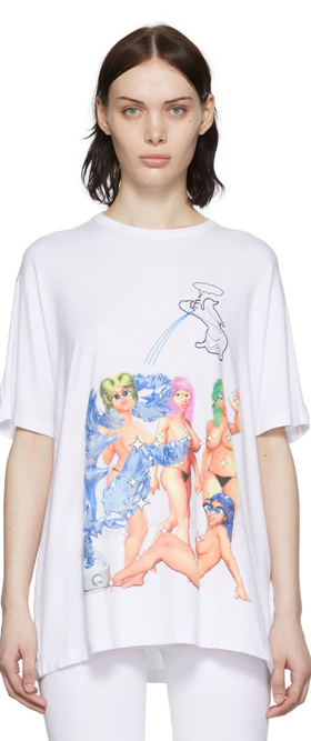 A woman wearing BERNHARD WILLHELM white viscose t-shirt