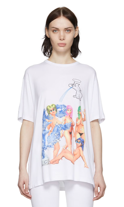A woman wearing BERNHARD WILLHELM white viscose t-shirt