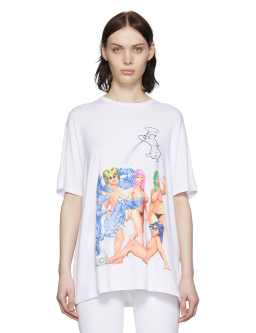 A woman wearing BERNHARD WILLHELM white viscose t-shirt