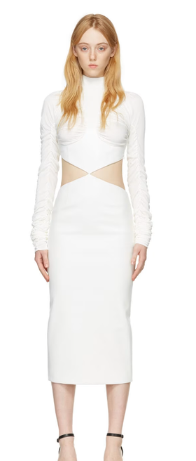 A woman wearing ALEKSANDRE AKHALKATSISHVILI white faux-leather midi dress