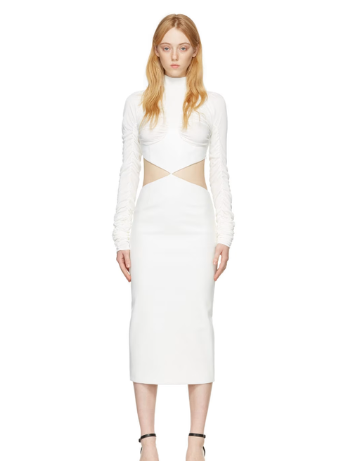 A woman wearing ALEKSANDRE AKHALKATSISHVILI white faux-leather midi dress