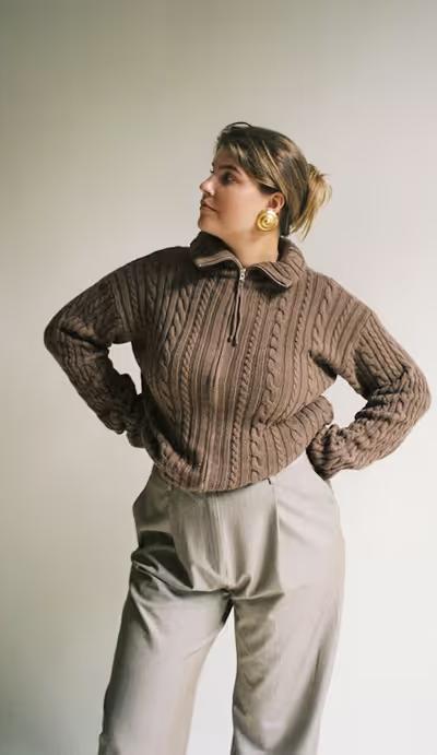 A woman wearing Djerf Avenue ready set go cardigan brown