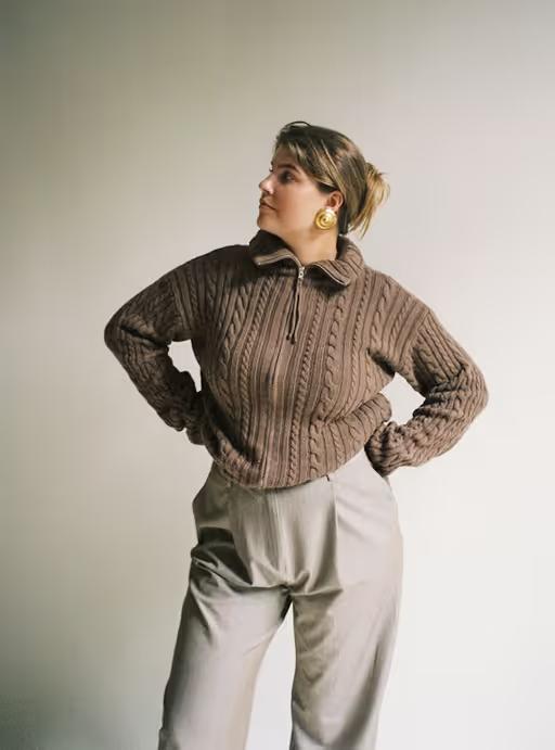 A woman wearing Djerf Avenue ready set go cardigan brown