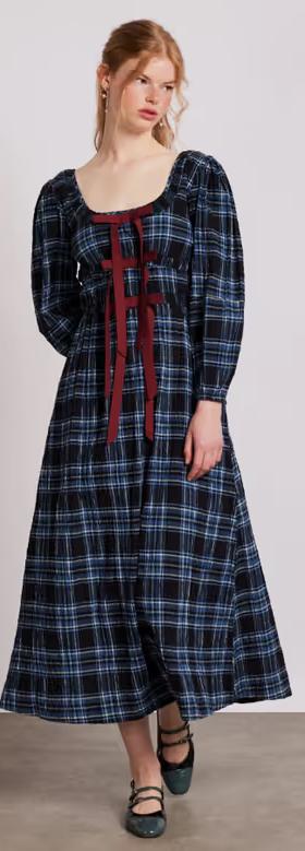 A woman wearing Damson Madder dakota midi dress - blue check